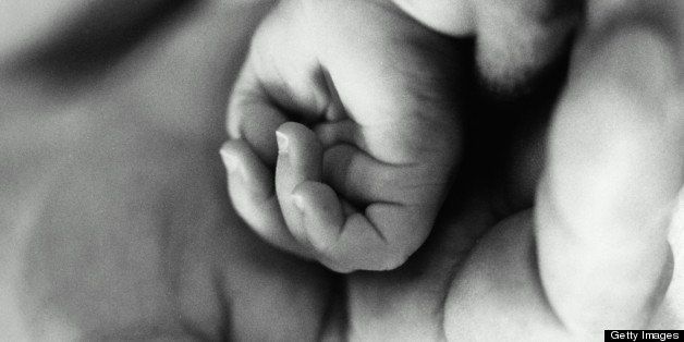 Baby's hand (6-9 months) resting on adult hand, close-up (B&W)
