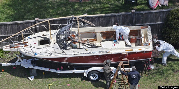 WATERTOWN - APRIL 22: Aerial view of the boat where one of the Boston Marathon bombing suspects was found, in a backyard on Franklin Street. The boat and surrounding scene is currently under investigation. (Photo by David L Ryan/The Boston Globe via Getty Images)