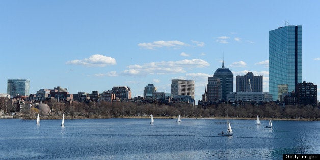 BOSTON, MA - MARCH 30: A general view of the Charles River Boat Club and the city of Boston skyline on March 30, 2013 in Bos