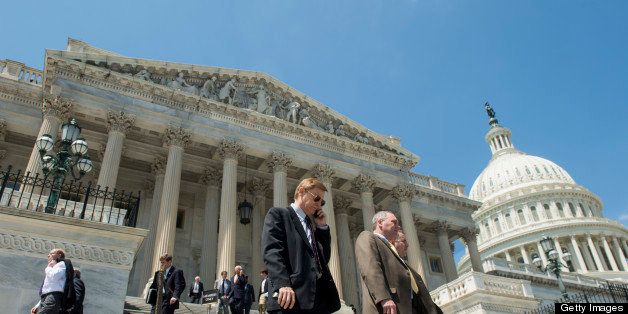 UNITED STATES - APRIL 26: From left, Rep. Spencer Bachus, R-Ala., Rep. Steve Scalise, R-La., and Rep. Bruce Braley, D-Iowa, along with other members of Congress walk down the House steps of the Capitol following votes on the FAA sequestration and an amendment to the Helium Act on Friday, April 26, 2013.