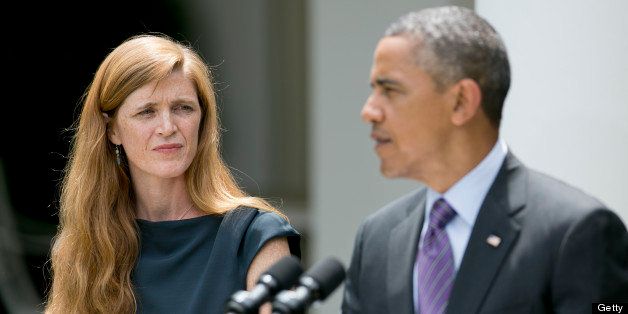 Samantha Power, senior director of multilateral affairs with the U.S. National Security Council and U.S. President Barack Obama's nominee as ambassador to the United Nations, looks on as Obama makes the announcement in the Rose Garden of the White House in Washington, D.C., U.S., on Wednesday, June 5, 2013. Obama named United Nations Ambassador Susan Rice as his national security adviser and Samantha Power, his former human rights adviser, to succeed Rice at the UN, filling out his national security team for his second term. Photographer: Andrew Harer/Bloomberg via Getty Images 