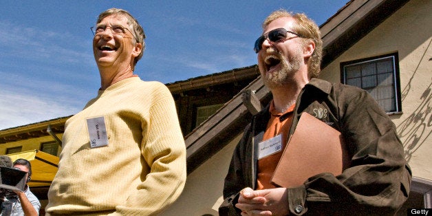 UNITED STATES - JULY 09: Bill Gates, chairman of Microsoft Corp., left, shares a laugh with Nathan Myhrvold, founder and chief executive officer of Intellectual Ventures and former chief technology officer of Microsoft Corp., as they leave a session during the Allen & Co. Media and Technology Conference in Sun Valley, Idaho, U.S., on Thursday, July 9, 2009. The conference runs until Saturday, July 11. (Photo by Matthew Staver/Bloomberg via Getty Images)