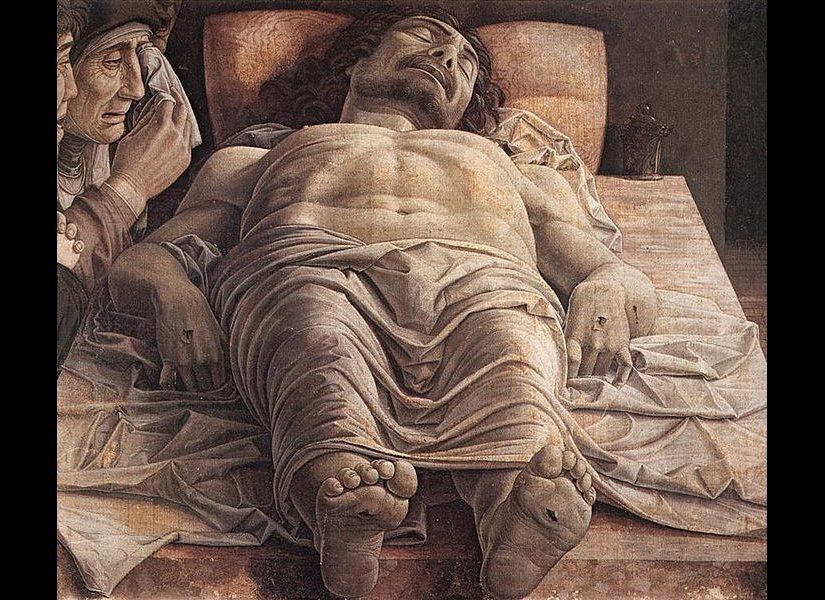 'Lamentation of Christ' was made by Andrea Mantegna in 1480. His intense use of foreshortening heightens the drama of the sce