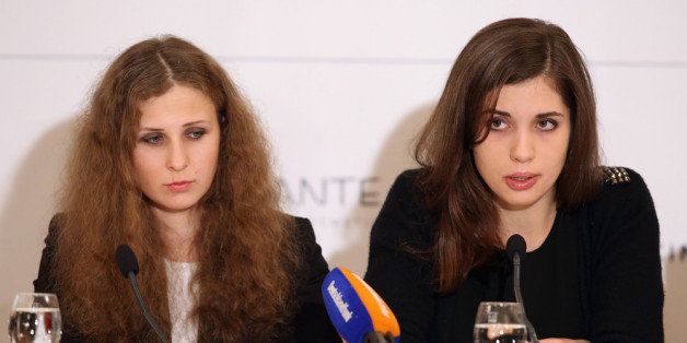 BERLIN, GERMANY - FEBRUARY 10: Pussy Riot members Nadezhda Tolokonnikova (R) and Maria Alyokhina speak at the Cinema for Peace 2014 press conference at the Regent Hotel on February 10, 2014 in Berlin, Germany. (Photo by Sean Gallup/Getty Images)