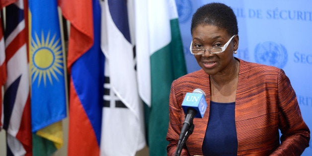 NEW YORK, NY - MARCH 28: The U.N. Humanitarian Affairs Chief Valerie Amos speaks to the media following United Nations Security Council meeting on Syria's civil war in New York, on March 28, 2014. (Photo by Cem Ozdel/Anadolu Agency/Getty Images)