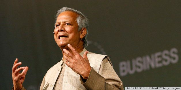 Bangladeshi Nobel Peace Prize winner and microcredit pioneer Muhammad Yunus delivers a speech during the 4th edition of the Global Social Business Summit, held at the Austria Center, in Vienna, on November 8, 2012. 'This summit is a kind of breath of fresh air. All the gloom and doom in the world, we want to get out of that,' Yunus, 72, said at the three-day event in Vienna. AFP PHOTO / ALEXANDER KLEIN (Photo credit should read ALEXANDER KLEIN/AFP/Getty Images)