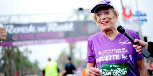 SAN DIEGO, CA - JUNE 01: 91 year old Marathon Participant Harriette Thompson participates in the Suja Rock 'n' Roll San Diego Marathon & Half Marathon to benefit the Leukemia & Lymphoma Society on June 1, 2014 in San Diego, California. Harriette beat the world record for her age group and is the 2nd oldest marathon finisher. (Photo by Jerod Harris/Getty Images for Rock 'n' Roll Marathon Series)