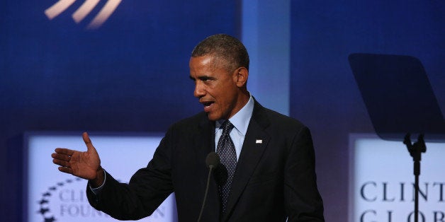 NEW YORK, NY - SEPTEMBER 23: U.S. President Barack Obama speaks at the Clinton Global Initiative (CGI), on September 23, 2014 in New York City. The annual meeting, established in 2005 by President Clinton, convenes global leaders to discuss solutions to world problems. (Photo by John Moore/Getty Images)