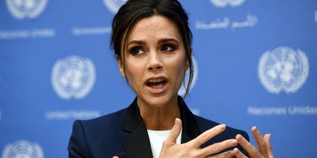 UNAIDS International Goodwill Ambassador, British fashion designer Victoria Beckham, speaks a press conference on the sidelin