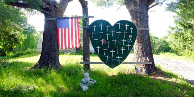 Sandy Hook Elementary School shooting, heart and cross memorial near Sandy Hook Firehouse on Riverside Road in Sandy Hook, CT (Photo By: Enid Alvarez/NY Daily News via Getty Images)