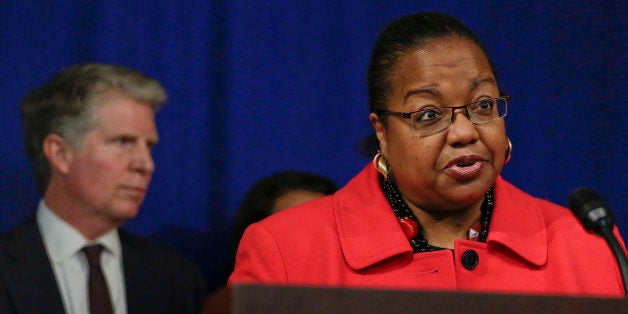 Detroit Prosecutor Kym Worthy talks about the $35 million pledged by Manhattan District Attorney Cyrus Vance Jr. to help eliminate a nationwide backlog in testing rape kits during a news conference, Wednesday, Nov. 12, 2014, in New York. More than 11,000 rape kits containing DNA and other evidence were recovered in 2009 from a Detroit police storage facility. Worthy's office has been wading through the kits. (AP Photo/Julie Jacobson)