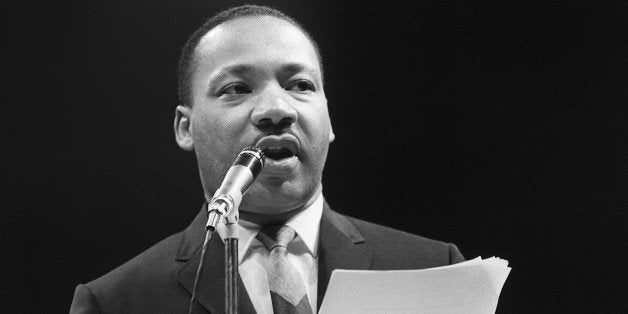 The US clergyman and civil rights leader Martin Luther King addresses, 29 March 1966 in Paris' Sport Palace the militants of