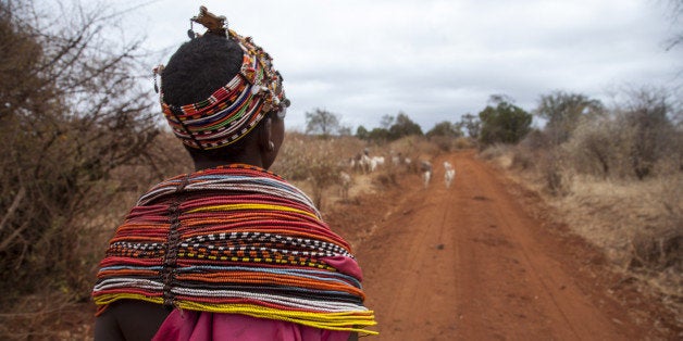 A young Samburu woman dressed in traditional colorful attire steering its herd of goats to find pastures around Marsabit, Eastern Province, Kenya