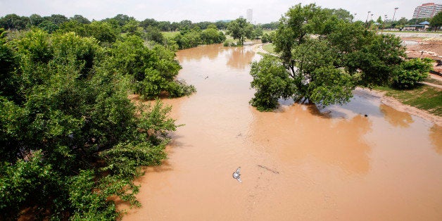 HOUSTON, TX - MAY 27: Trees are submerged at Buffalo Bayou park after massive flooding May 27, 2015 in Houston, Texas. At le