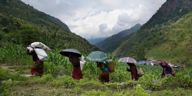 Female villagers start their 20km (12 mile) hike back up to their mountain home with international relief aid they received in the damaged village of Balua, near the epicenter of Saturday's massive earthquake, in the Gorkha District of Nepal, Thursday, April 30, 2015. (AP Photo/Wally Santana)