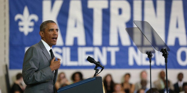 NEW ORLEANS, LA - AUGUST 27: U.S. President Barack Obama speaks during an event to mark the 10th anniversary of Hurricane Katrina on August 27, 2015 in New Orleans, Louisiana. President Obama spoke at the Andrew P. Sanchez & Copelin-Byrd Multi-Service Center located in the Lower 9th Ward, a largely African-American neighborhood that was one of the hardest hit by the storm. (Photo by Joe Raedle/Getty Images)