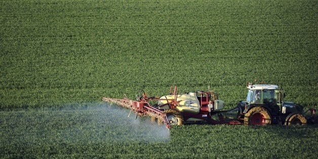 A farmer sprays a chemical fertilizer on his wheat field in Trebons-sur-la-Grasse, southern France, on April 20, 2015. The fe