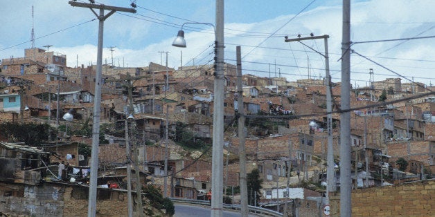 Slum, Colombia, Bogota, Poor Barrio In Bogota, Showing Recently Installed Electricity And Telephone Lines, (Photo by Universa