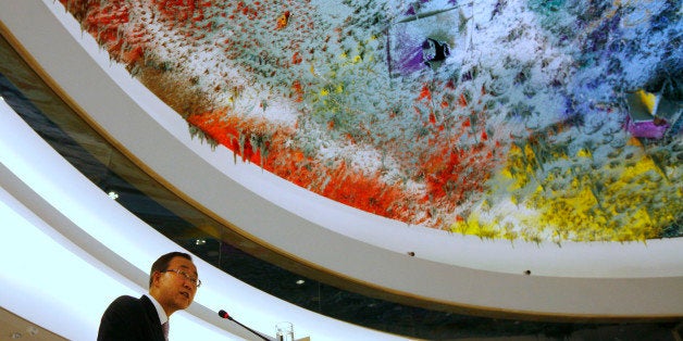 U.N. Secretary-General Ban Ki-moon delivers a speech in the assembly hall of the Human Rights Council's Commemorative session marking the 60th anniversary of the adoption of the Universal Declaration of Human Rights, at the European headquarters of the United Nations in Geneva, Switzerland, Friday Dec. 12, 2008. (AP Photo/Anja Niedringhaus)