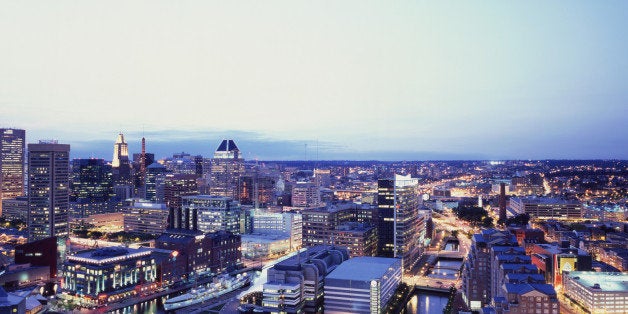 USA, Maryland, Baltimore, downtown skyline at dusk (USA)