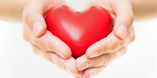 Female Hands presenting a red heart.