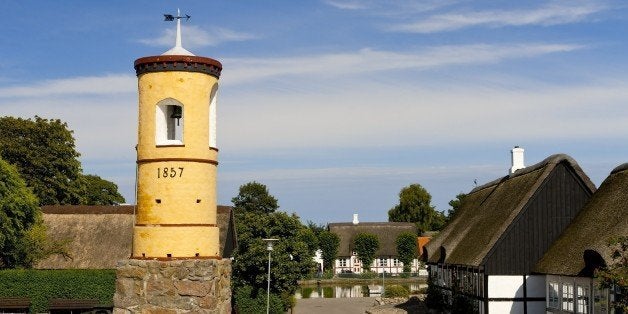 Famous yellow bell tower, 1857, at Nordby, Samsoe, Denmark. (Photo by: MyLoupe/UIG via Getty Images)