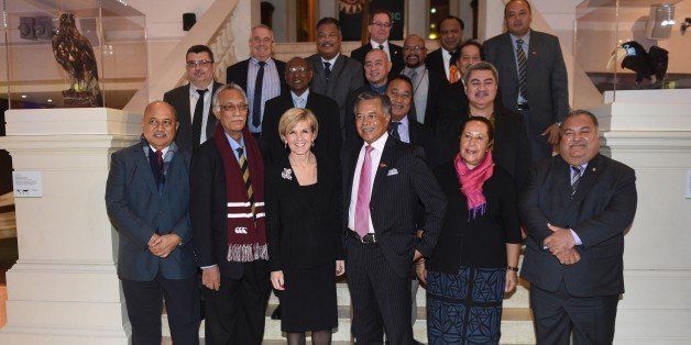 (Front Row L-R) Minister for Foreign Affairs for Fiji, Ratu Inoke Kubuabola, Premier of Niue, Toke Talagi, Australian Foreign Minister Julie Bishop, Cook Islands Prime Minister Henry Puna, Pacific Islands Forum Secretariat Meg Taylor, Nauru President Baron Divavesi Waqa, (Middle Row L-R) President of the Government of New Caledonia, Philippe Germain, Minister of Foreign Affairs of Solomon Islands, Milner Tozaka, Acting Minister for Foreign Affairs for Kiribati, Waysang KumKee, Minister for Foreign Affairs for Tokelau, Sipili Perez, Deputy Prime Minister of Samoa, Fonotoe Nuafesili Pierre Lauofo, (Back Row L-R) Secretariat of the Pacific Regional Environment Programme, David Sheppard, Minister for Foreign Affairs for Tuvalu, Taukelina Finikaso, Minister for Foreign Affairs for New Zealand, Murray McCully, Vice President of Palau, Antonio Bells, Minister for Foreign Affairs for Papau New Guinea, Rimbink Pato, Minister of Public Works for the Republic of the Marshall Islands, Hiroshi Yamamura, Deputy Prime Minister of Tonga, Siaosi Sovaleni, pose for a group photo before the start of the Pacific Islands Forum Foreign Ministers Meeting in Sydney on July 9, 2015. The Pacific Islands Forum Foreign Ministers' Meeting is held from July 9-10. AFP PHOTO / Peter PARKS (Photo credit should read PETER PARKS/AFP/Getty Images)