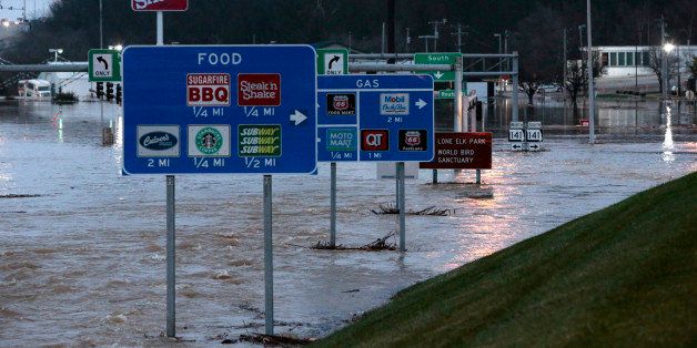 Water flows off the Interstate 44 exit ramp at Hwy 141 on Wednesday, Dec. 30, 2015 in Fenton, Mo. (Robert Cohen/St. Louis Post-Dispatch/TNS via Getty Images)