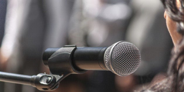 Microphone speaker at the rally, closeup