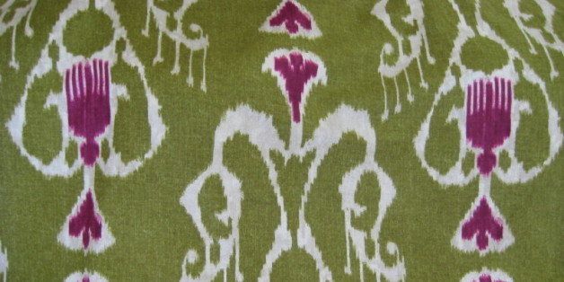 Our grandly scaled Empire Ikat is printed on ivory coarse-weave linen/cotton blend. Photo shows a 27" repeat.$39.99 per yard