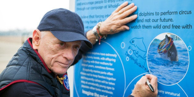 BRIGHTON, UNITED KINGDOM - MARCH 14: Ric OBarry, star of the Academy Award winning documentary The Cove, signing the petition board requesting the closure of all dolphinariums at WhaleFest 2015 on March 14, 2015 Brighton, East Sussex, England. PHOTOGRAPH BY photosbydavid.org/Barcroft Media (Photo credit should read photosbydavid.org/Barcroft Media via Getty Images)