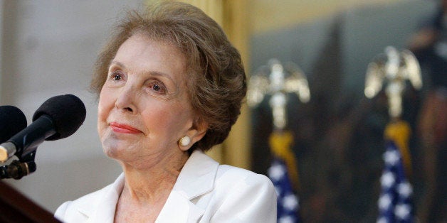 Former first lady Nancy Reagan speaks in the Capitol Rotunda in Washington, Wednesday, June 3, 2009, during a ceremony to unveil a statue of President Ronald Reagan. (AP Photo/Alex Brandon)