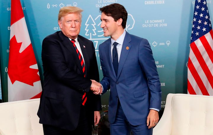 U.S. President Donald Trump shakes hands with Canada’s Prime Minister Justin Trudeau in a bilateral meeting at the G7 Summit in in Charlevoix, Quebec, Canada, June 8, 2018