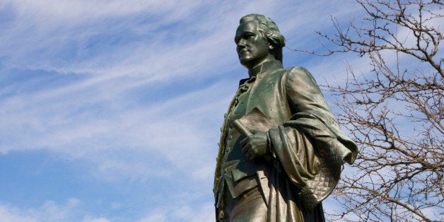 Statue of Alexander Hamilton, Great Falls, Paterson, New Jersey, USA. Alexander Hamilton envisioned the potential power of the Passaic Falls for industrial development.