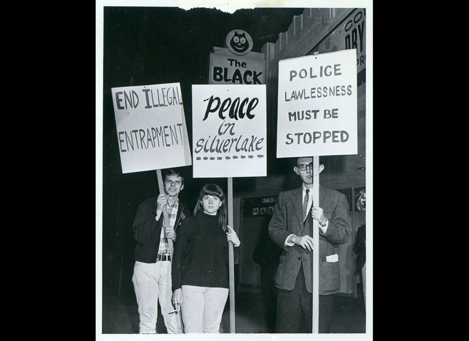 Photograph of protest after a police raid at the Black Cat, a gay bar in Silverlake, February 1967.
