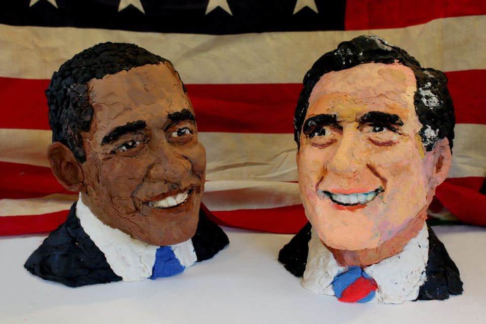 Obama & Romney Sculptures With Flag
