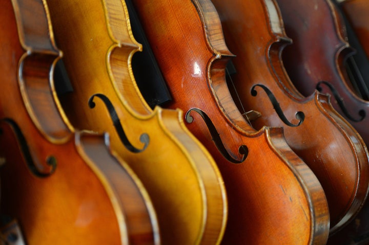 Violins are displayed in the workshop of Mathias Menanteau, a French violin maker on January 30, 2013 in Rome. After studying