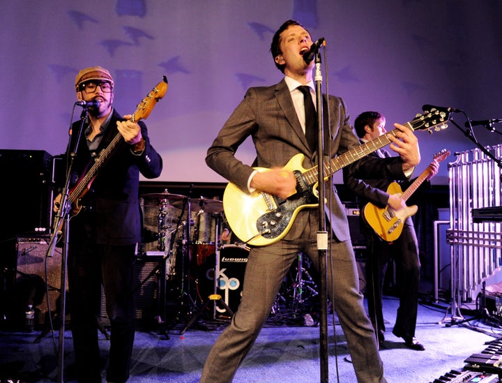 LOS ANGELES, CA - APRIL 20: (L-R) Musicians Tim Nordwind, Damian Kulash and Andy Ross of OK Go perform at the after party fo
