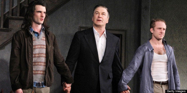 NEW YORK, NY - APRIL 18: (L-R) Tom Sturridge, Alec Baldwin and Ben Foster take their Opening Night curtain call for 'Orphans