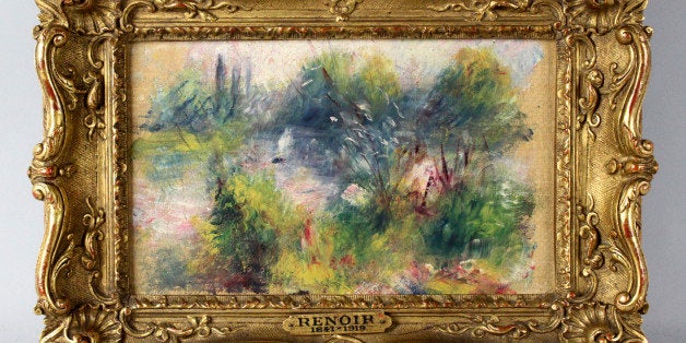 This image released by Potomack Company shows an apparently original painting by French impressionist Pierre-Auguste Renoir that was acquired by a woman from Virginia who stopped at a flea market in West Virginia and paid $7 for a box of trinkets that included the painting. An anonymous woman who claimed to have found a Renoir painting at a flea market has been unmasked in court papers as she fights to retain it. It turned out the painting was stolen from the Baltimore Museum of Art in 1951. When a theft report was found in September, the FBI seized the painting. Now a federal judge in Alexandria will determine who owns it. The Washington Post reports the woman who called herself "Renoir Girl" is Marcia "Martha" Fuqua of Lovettsville, Va., a former physical education teacher. (AP Photo/Potomack Company)