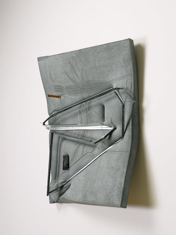 Dave Hardy
Untitled (Painting with Storm Window)
2013
cement, dye, polyurethane foam, storm window, pretzel rod, key card and