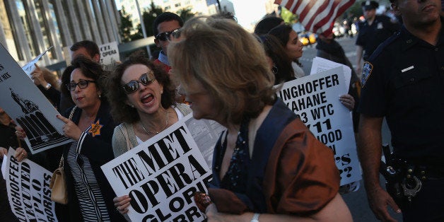 NEW YORK, NY - SEPTEMBER 22: Protesters yell at people attending the opening night of the Metropolitan Opera season at Lincoln Center on September 22, 2014 in New York City. Hundreds of people demonstrated against the upcoming production of 'Death of Klinghoffer', which depicts the 1985 hijacking of the Italian cruise ship Achille Lauro and the killing of disabled passenger Leon Klinghoffer, saying that the opera is anti-Semitic. (Photo by John Moore/Getty Images)