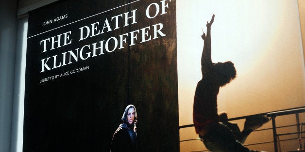 NEW YORK, NY - OCTOBER 20: Signs promote 'The Death of Klinghoffer' outside the Metropolitan Opera at Lincoln Center on Octo