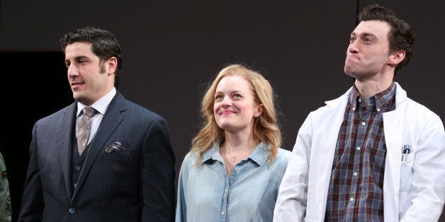 NEW YORK, NY - MARCH 19: Jason Biggs, Elisabeth Moss and Bryce Pinkham during the Broadway Opening Night Curtain Call for 'T
