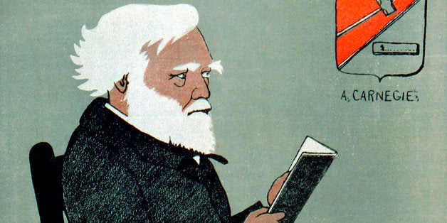Andrew Carnegie (1835-1918), Scottish-American industrialist and philanthropist. Public Libraries. Cartoon published Paris, 1