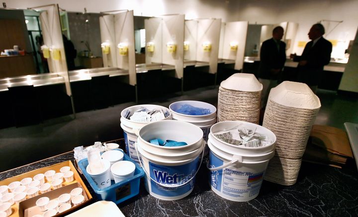Supplies including syringes, bandages and antiseptic pads are stocked at a safe injection site in Vancouver, British Columbia, in 2006.