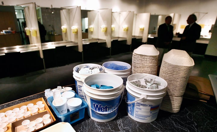 Supplies including syringes, bandages and antiseptic pads are stocked at a safe injection site in Vancouver, British Columbia, in 2006.