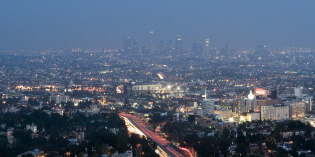 Aerial view of Los Angeles and Hollywood at dusk.