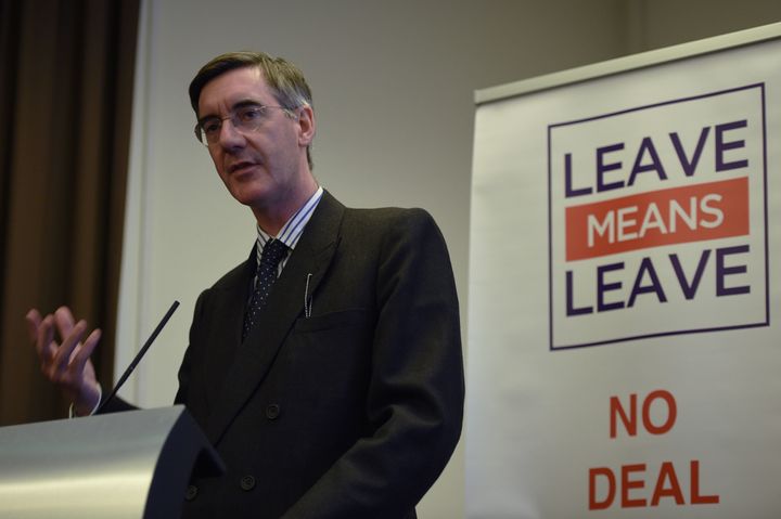 British politician Jacob Rees-Mogg addresses a Leave Means Leave event, on the sidelines of the Conservative Party Conference 2018 in Birmingham on October 1