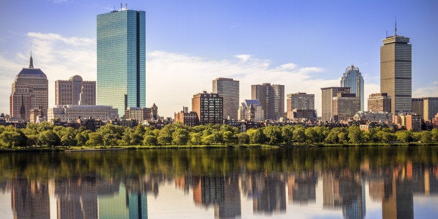 Panoramic view of Boston in Massachusetts, USA showing its mix of modern and historic buildings by the Charles River.